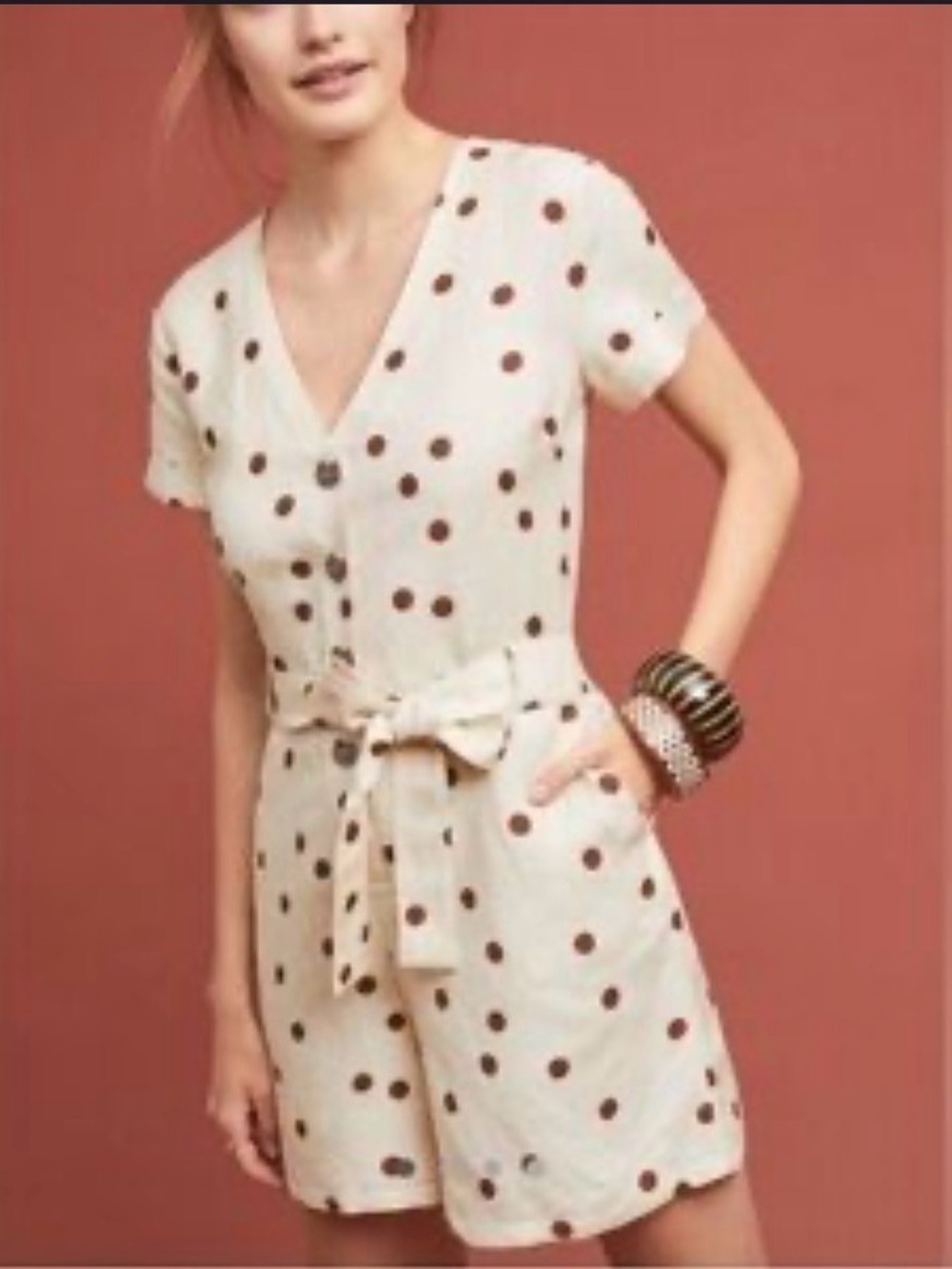 Anthropologie - Moon River Cream Polka Dot romper with Brown Dots